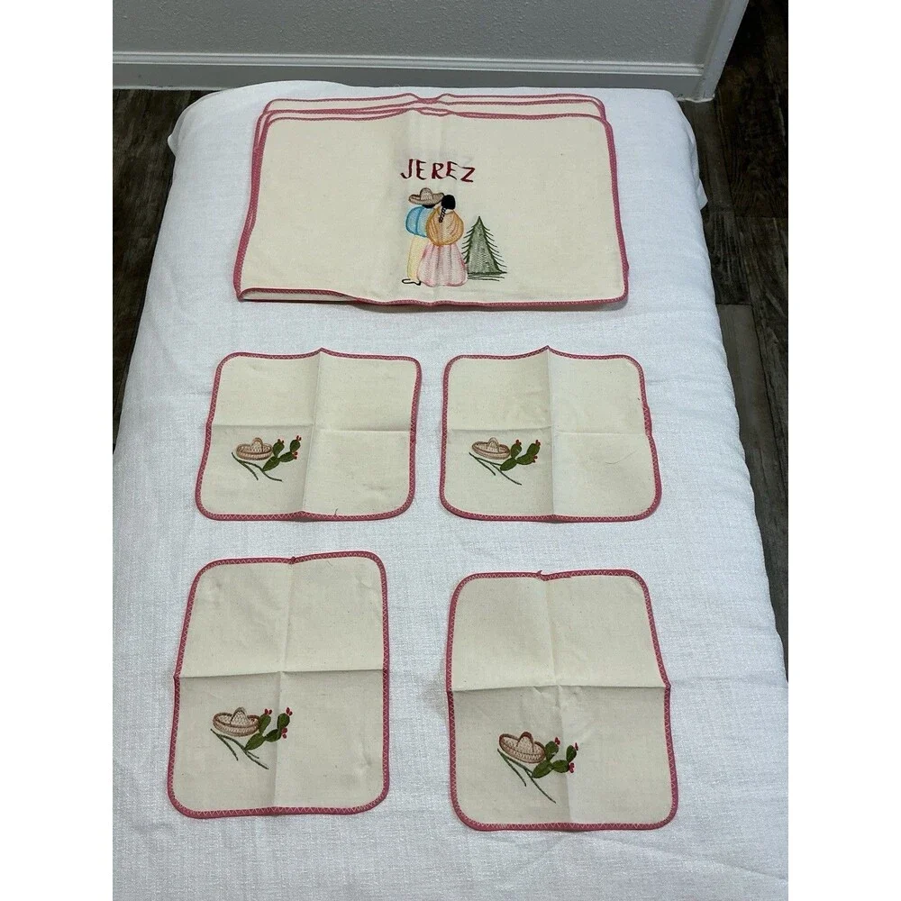Vtg mexican embroidered Placemat Napkin Set Jerez Zacatecas Cotton Canvas NIP
